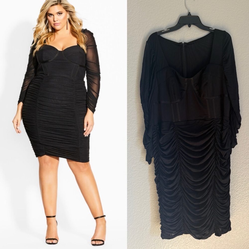 City Chic Plus Size Sexy Bustier Black Long Sleeve Ruched Dress
